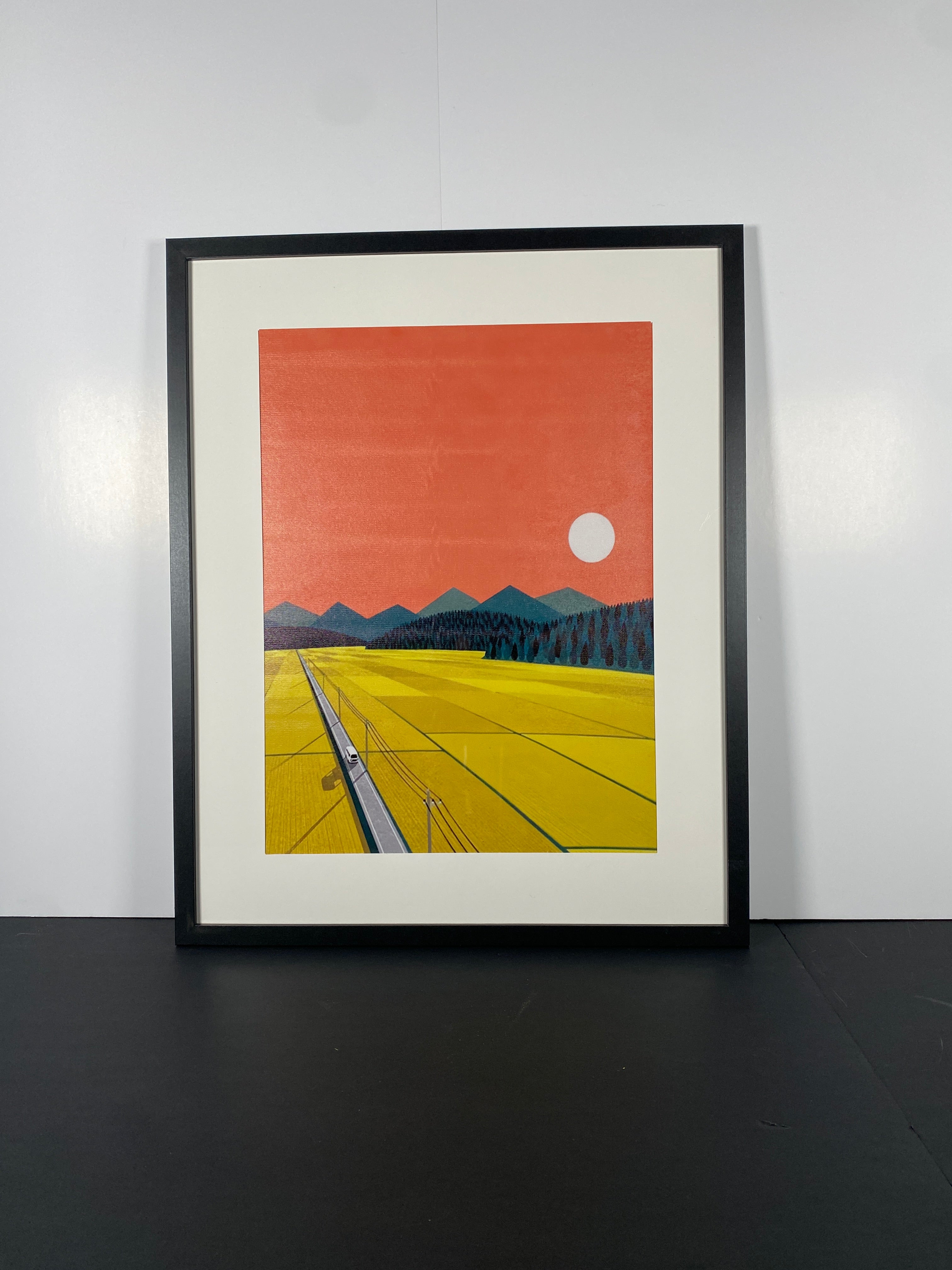 "Golden Route" Canvas Art Piece in Modern Black Frame and White Matte