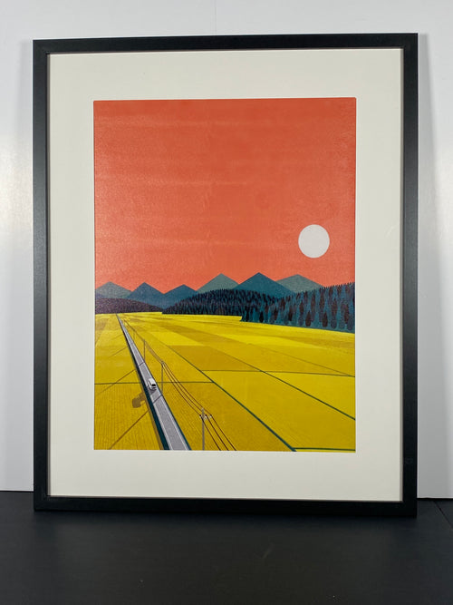 "Golden Route" Canvas Art Piece in Modern Black Frame and White Matte
