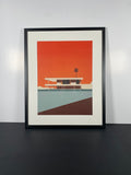 "Farnsworth Sunset" - Miles Van Der Rhoe Orange Pop Art House in Modern Black Frame