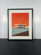 "Farnsworth Sunset" - Miles Van Der Rhoe Orange Pop Art House in Modern Black Frame