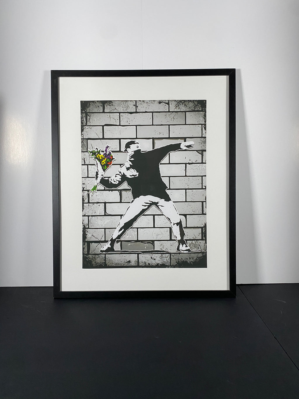 "Flower Bomber" - Bansky Canvas Art Piece in Modern Black Frame