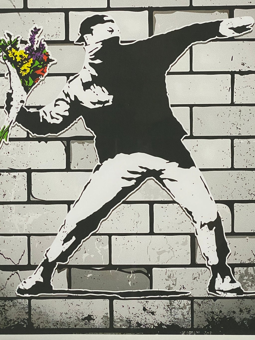 "Flower Bomber" - Bansky Canvas Art Piece in Modern Black Frame