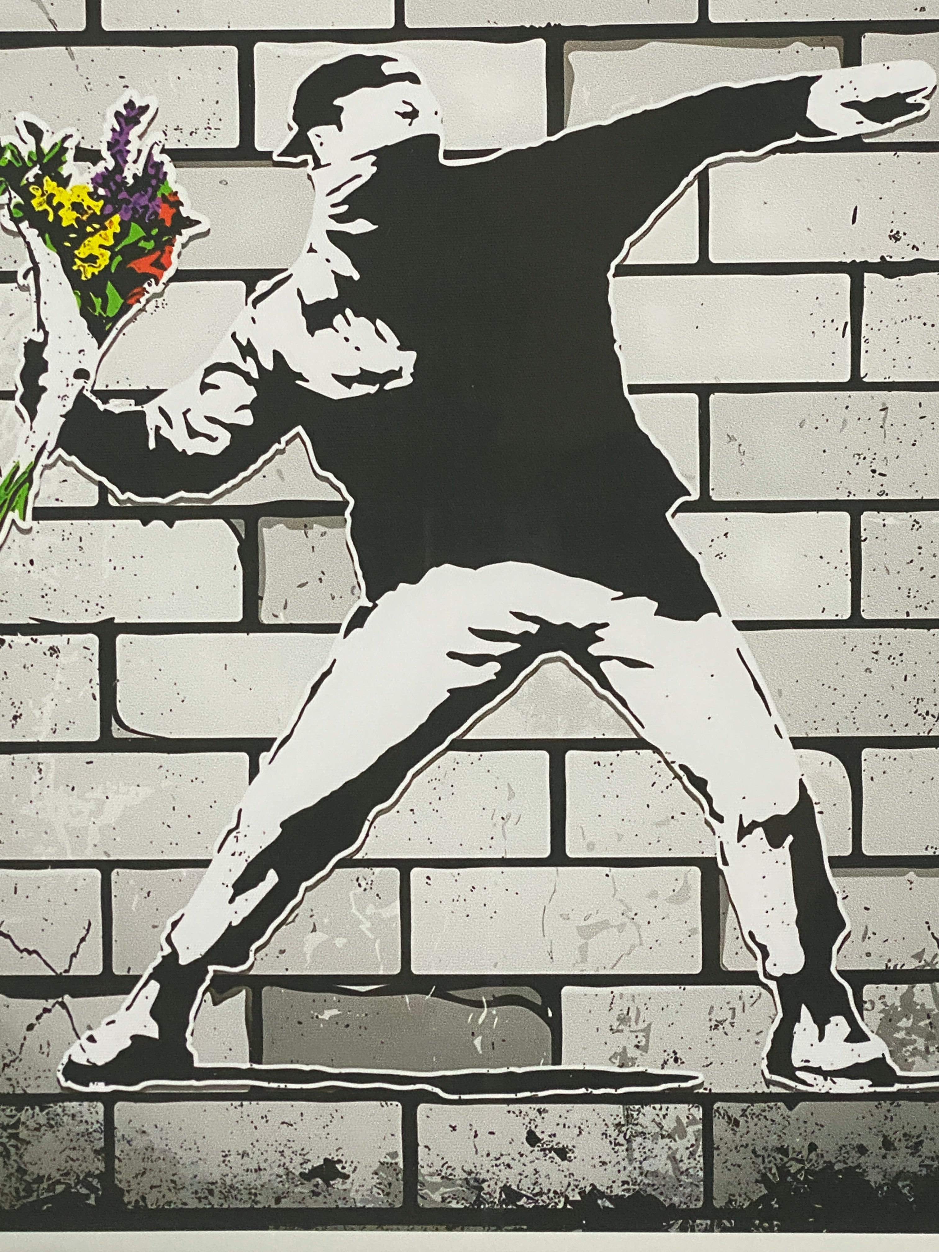 "Flower Bomber" - Bansky Canvas Art Piece in Modern Black Frame